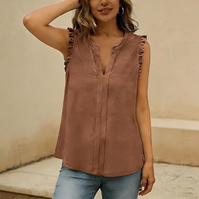 Women's Ruffle Trim Sleeveless V Neck Tops Casual Loose Fit Blouses Work Commute Business Office Shirts
