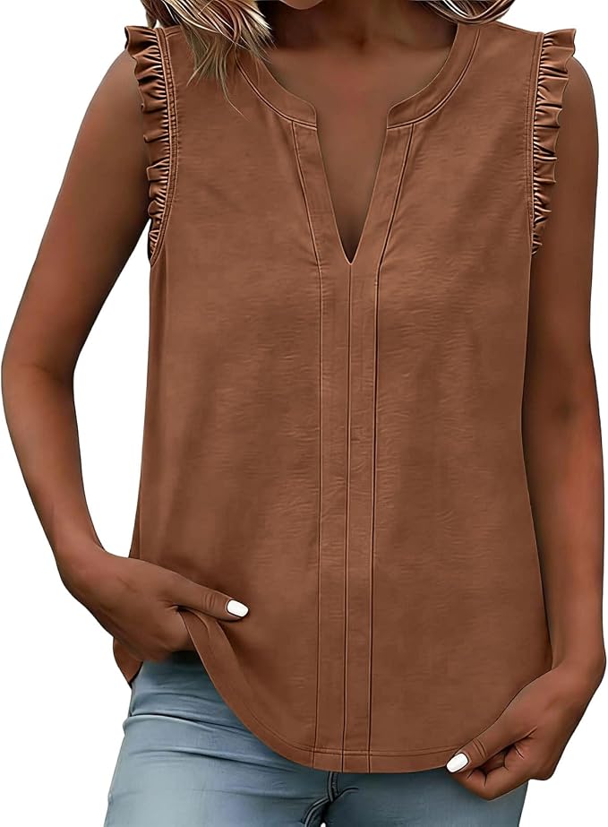 Women's Ruffle Trim Sleeveless V Neck Tops Casual Loose Fit Blouses Work Commute Business Office Shirts