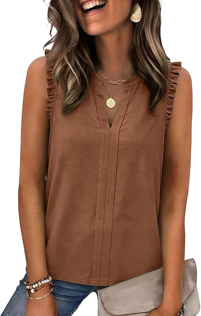 Women's Ruffle Trim Sleeveless V Neck Tops Casual Loose Fit Blouses Work Commute Business Office Shirts