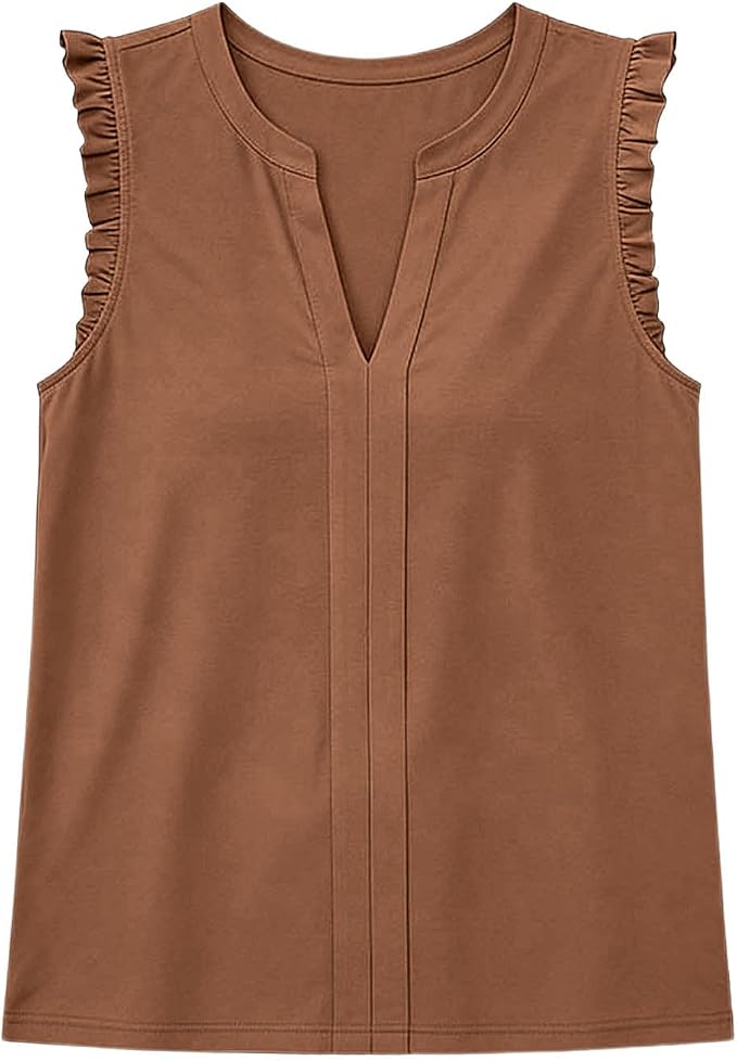 Women's Ruffle Trim Sleeveless V Neck Tops Casual Loose Fit Blouses Work Commute Business Office Shirts