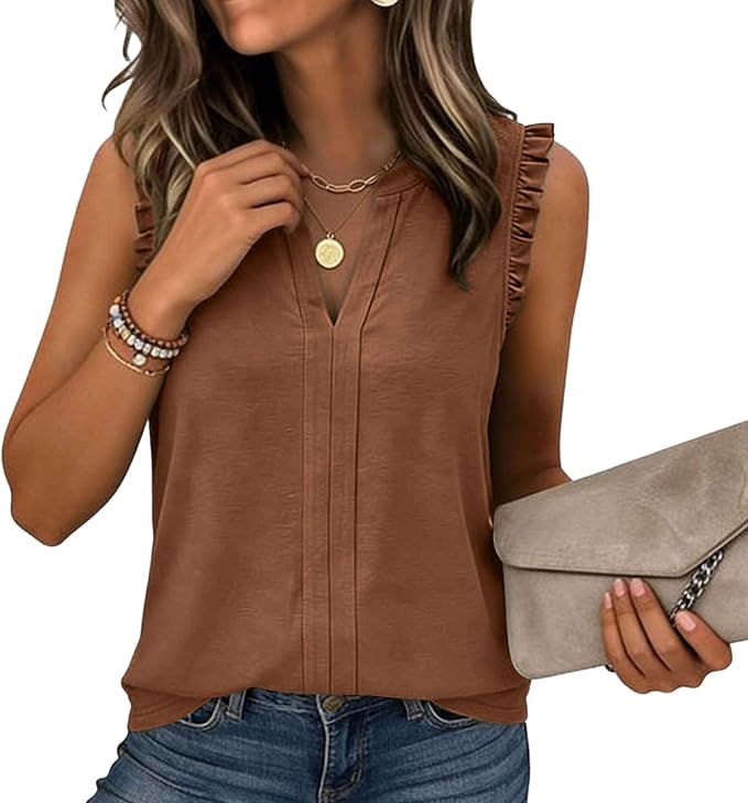 Women's Ruffle Trim Sleeveless V Neck Tops Casual Loose Fit Blouses Work Commute Business Office Shirts