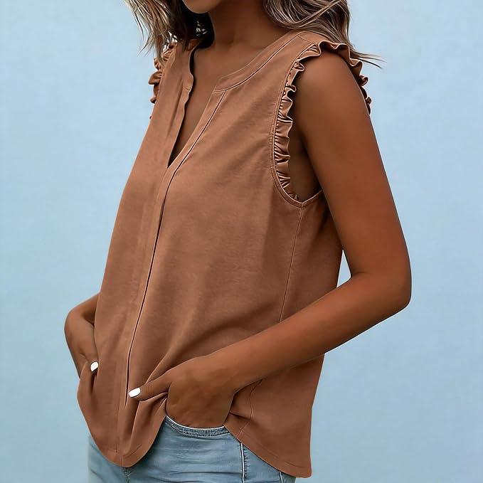 Women's Ruffle Trim Sleeveless V Neck Tops Casual Loose Fit Blouses Work Commute Business Office Shirts